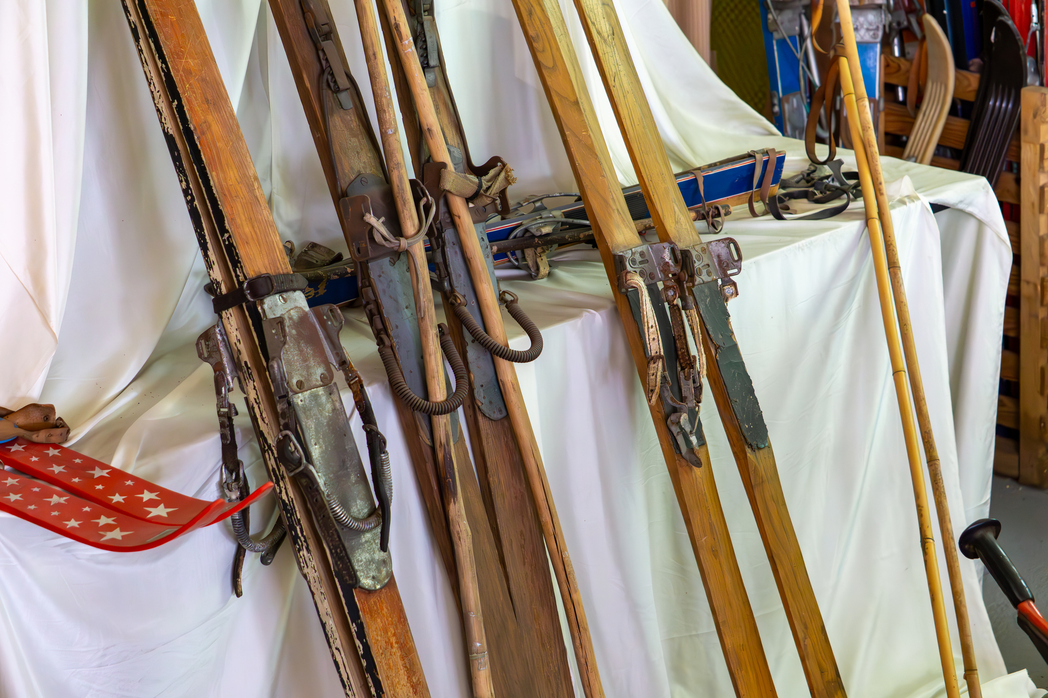 Photo of multiple pairs of ski, showing what ancient skis looked like