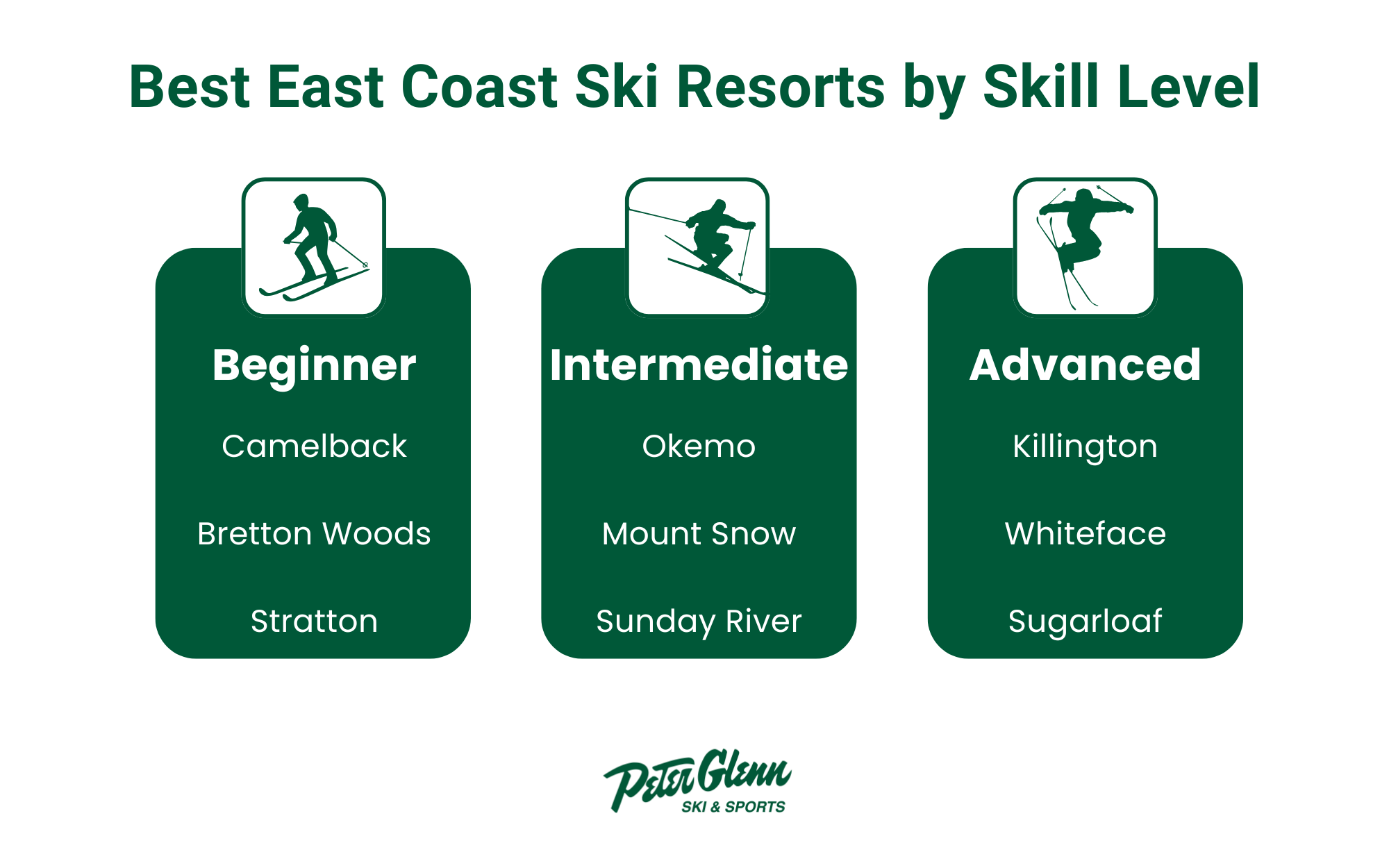 Infographic displaying best East coast ski resorts by skill level.