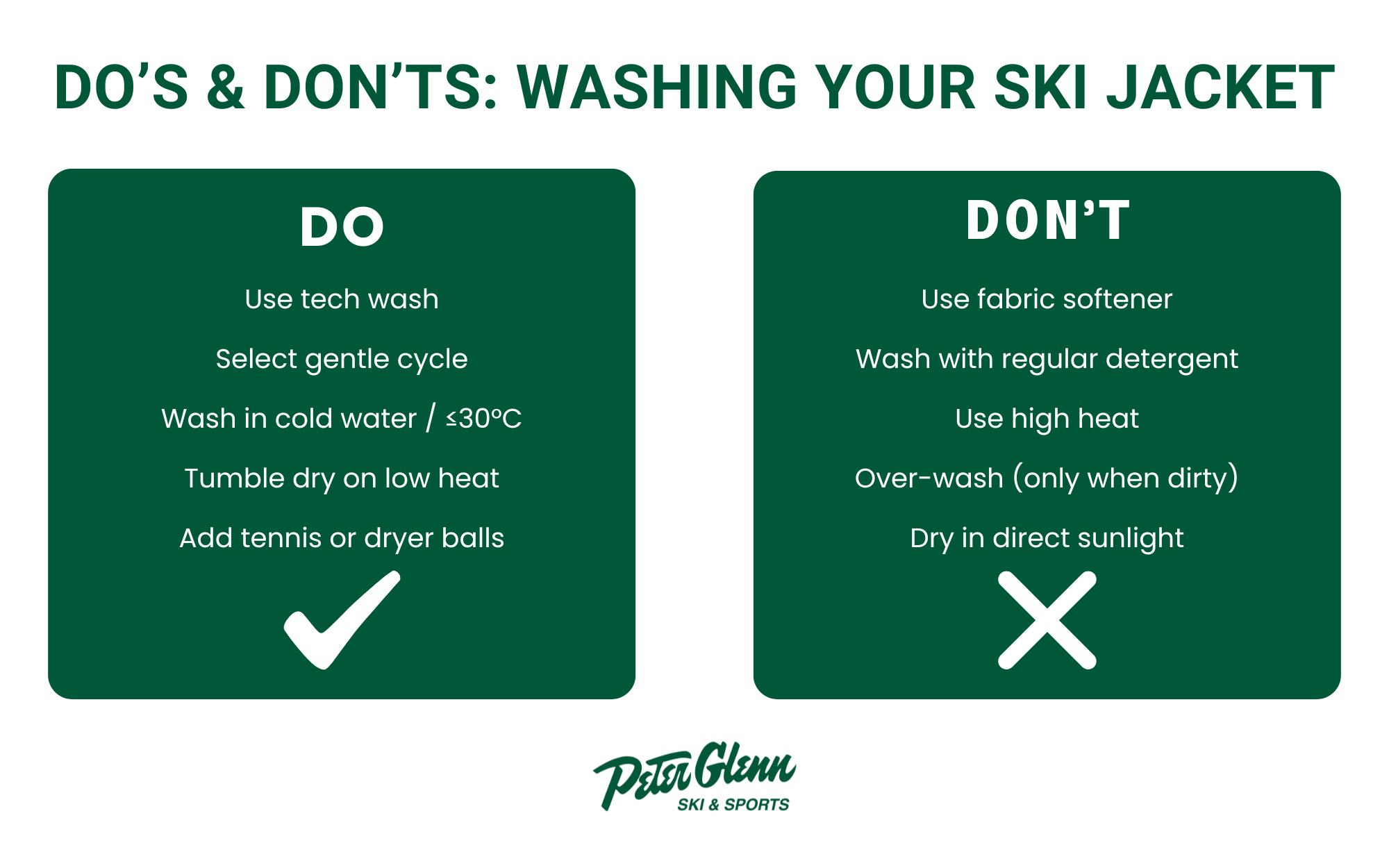 Infographic displaying what to do and not to do when washing a ski jacket.
