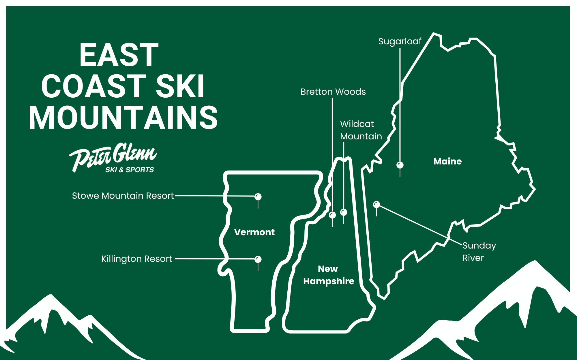 Infographi map pointing out major ski mountains on the East coast.