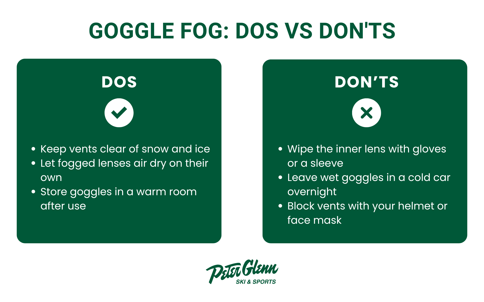 Goggle fog dos vs don'ts infographic.