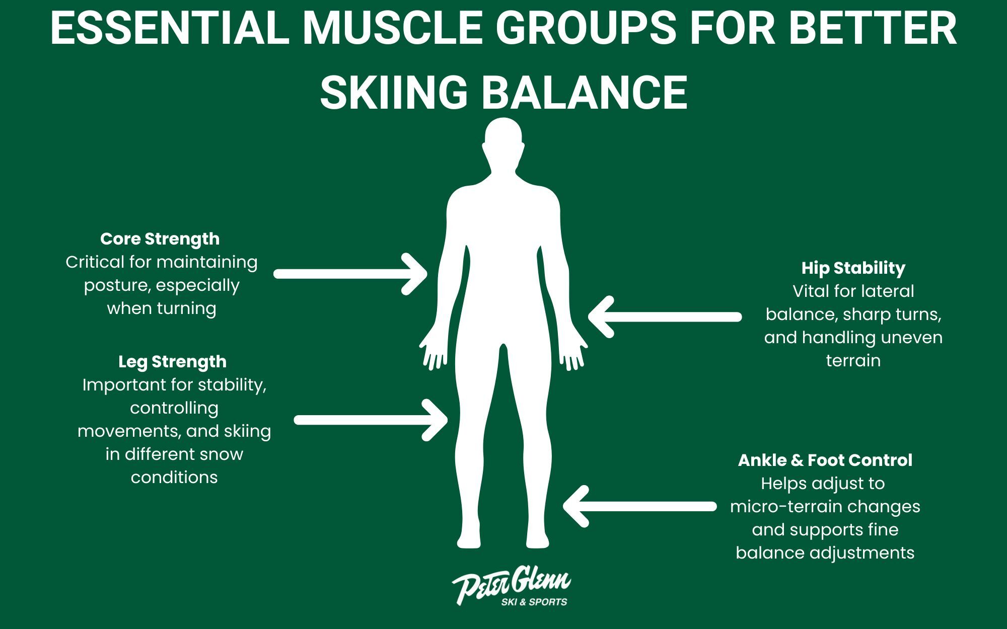 Infographic mapping out different muscle groups and why they are important for skiing balance.