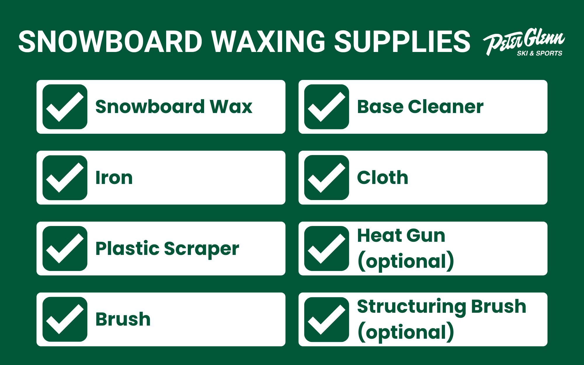 List of supplies needed to wax a snowboard.