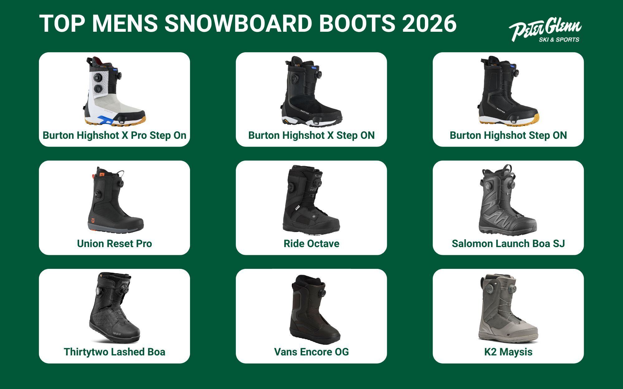 Infographic displaying 9 best snowboard boots from Peter Glenn.