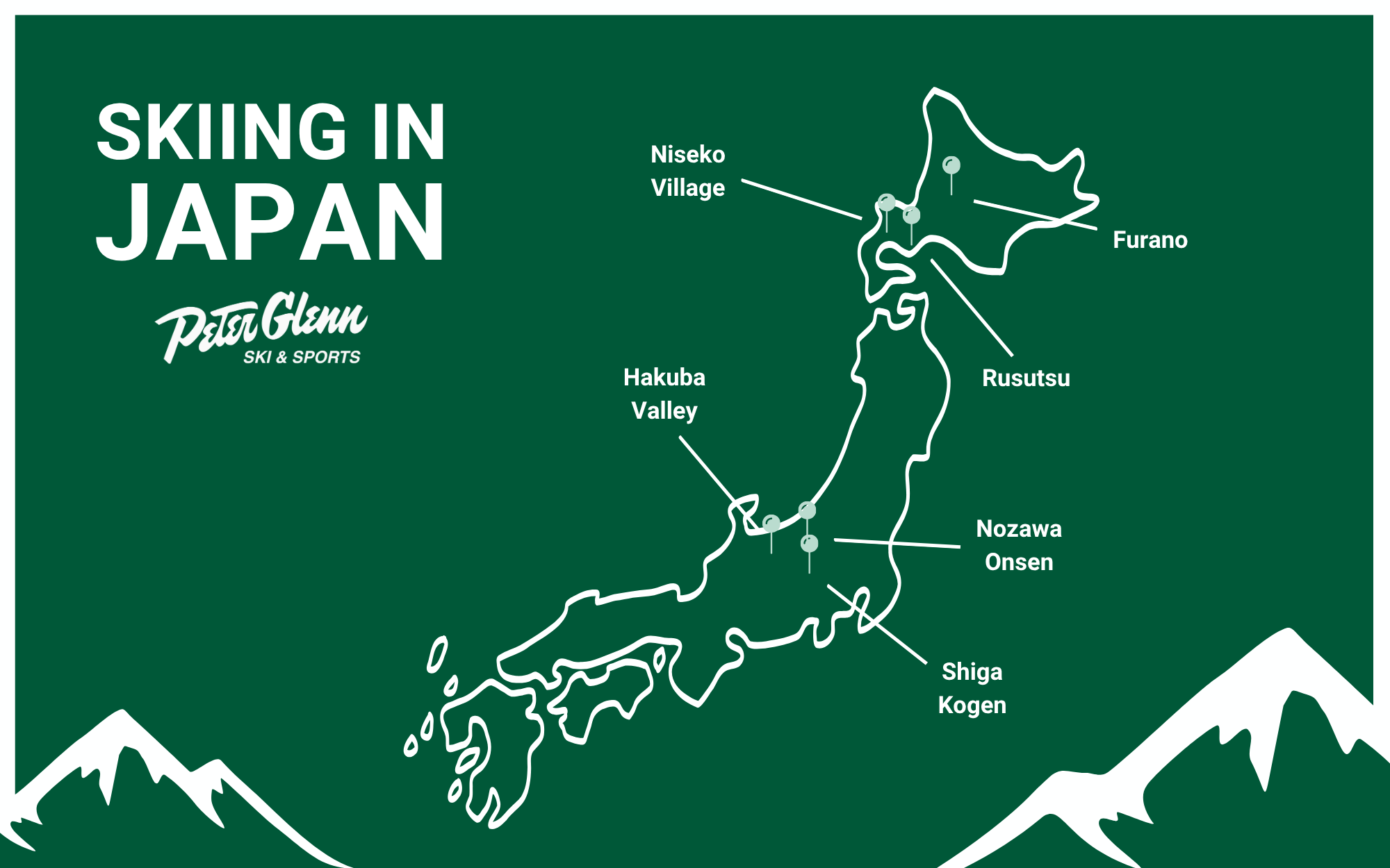 Infographic map pointing out the main ski resorts and mountians in Japan.