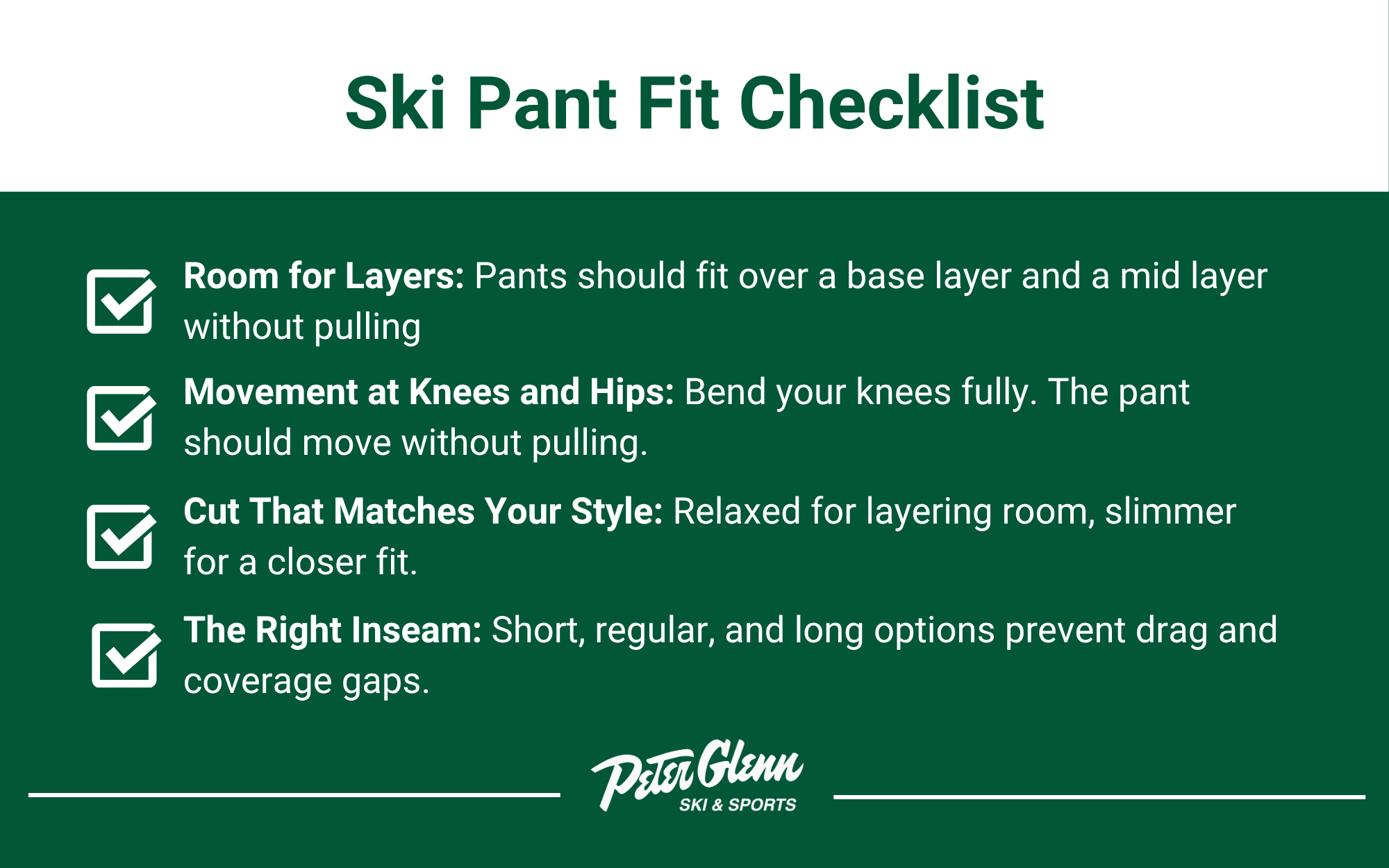 Ski pant fit checklist infographic